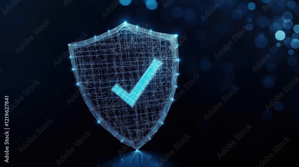 Poster abstract tech shield with check mark. secure data protection concept. illustrates internet safety, c