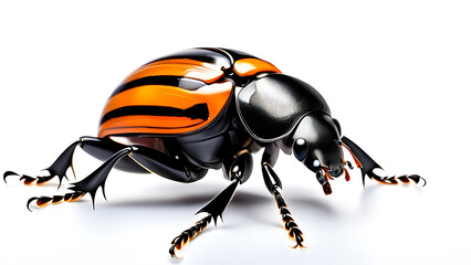 Naklejka premium Close-up of a Bombardier Beetle showcasing its vibrant black and orange exoskeleton, intricate patterns, and distinctive defensive spray mechanism against a seamless white background.