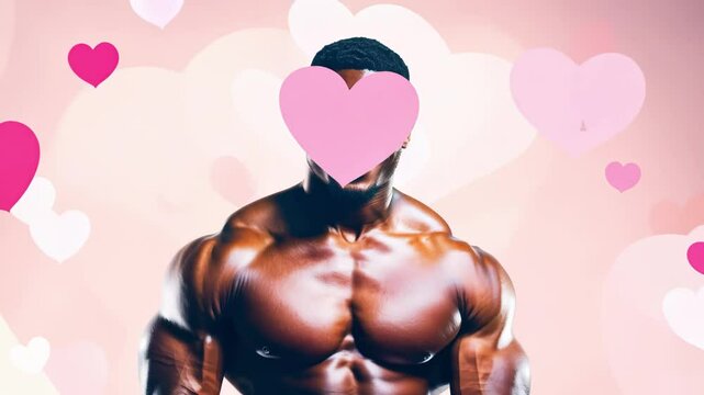 Muscular African American man smiling with heart background. Concept of romance, strength, fitness, Valentine's Day