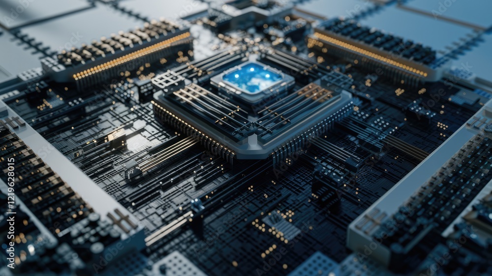 Poster A detailed close-up of a futuristic, technologically advanced computer circuit board.