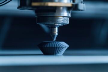 3D printer machine prints sample model prototype. Rapid prototype tech process creates small model. Hi-tech manufacturing process shows detail. Modern industrial tech. Advanced production.