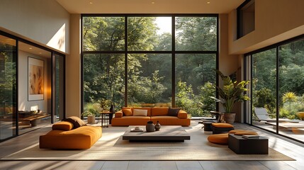 A vibrant interior scene of an open concept living space with minimalist furniture