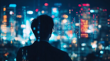 Silhouette Businessman Futuristic Cityscape Night View Digital Overlay Modern Business Technology Success Innovation Progress Future Urban Development Nightlife