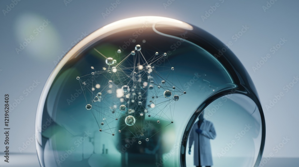Poster a futuristic glass sphere encapsulates a complex network, symbolizing scientific innovation and inte