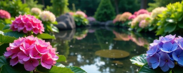 Colorful hydrangeas blooming in a garden pond, hydrangea, ornamental plants