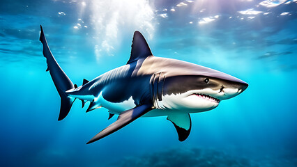 Graceful Blacknose Shark Gliding Through Crystal Clear Waters, Showcasing Its Sleek Body, Distinctive Black Snout, and Streamlined Fins Against a Seamless White Background