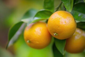 Fresh oranges hanging from a tree with green leaves, ideal for a still life or food-related image