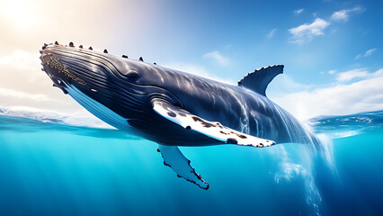 Fototapeta premium Majestic Baleen Whale Gliding Gracefully Through Crystal Clear Waters, Showcasing Its Long, Streamlined Body and Distinctive Baleen Plates Against a Seamless White Background