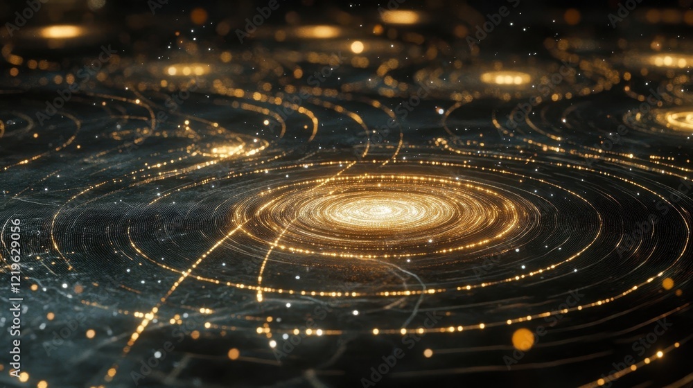 Poster golden particles are rotating and forming concentric circles on a dark background, creating a mesmer