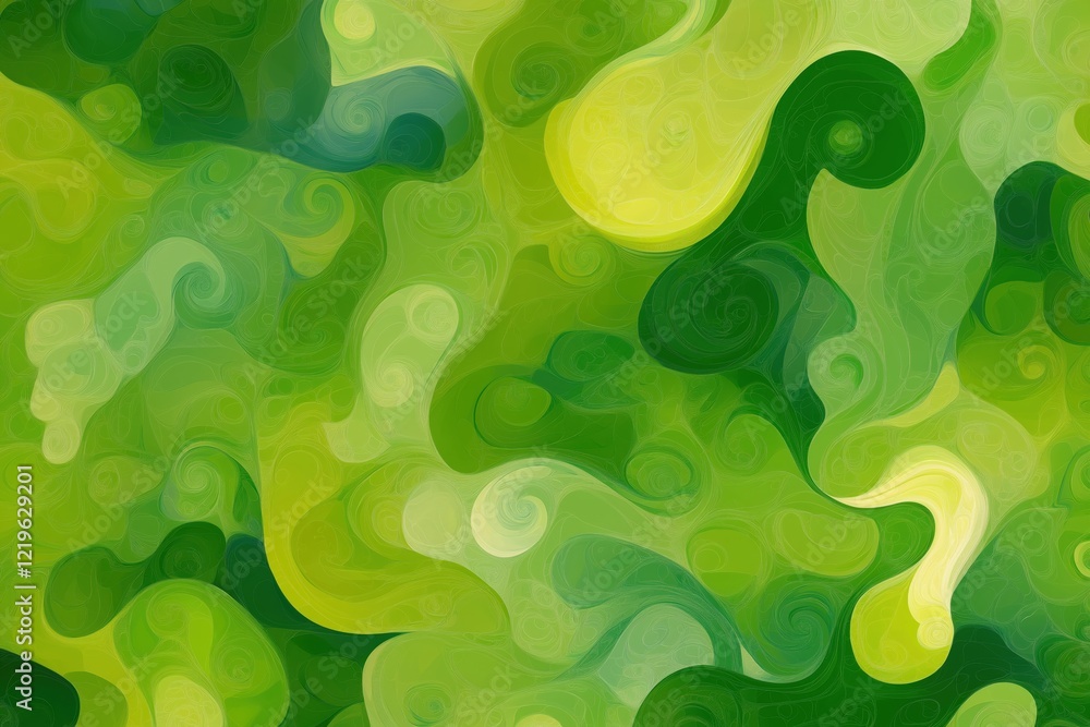 Poster a vibrant green background with a multitude of swirling shapes and patterns. the colors are bright a