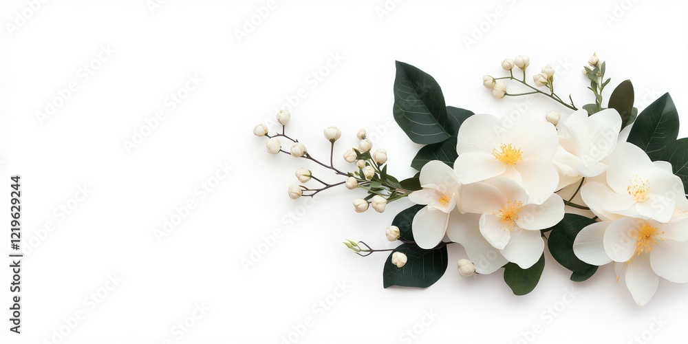 Poster a beautiful bouquet of white flowers with a green leaf is displayed on a white background. the flowe