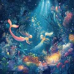 Two Mermaids Swim in a Luminous Underwater Realm
