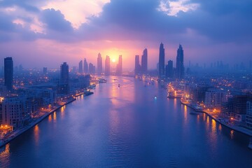 Obraz premium A serene river flowing through a bustling city, surrounded by modern architecture