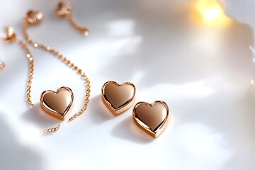 A high-definition image of a rose gold heart-shaped jewelry set, placed on a white background with a hint of sparkle for Valentinea??s Day.
