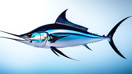 Majestic Black Marlin with Sleek, Streamlined Body and Distinctive Long Bill, Showcasing Iridescent Blue and Silver Scales Against a Crisp, Seamless White Background