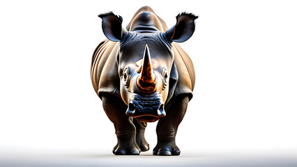 Majestic Black Rhinoceros Standing Proudly on a Seamless White Background, Showcasing Its Thick Skin, Prominent Horn, and Distinctive Folded Ears, Symbolizing Strength and Resilience in Nature.