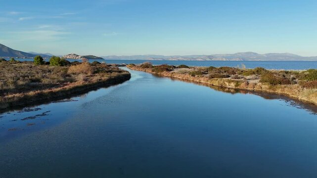 Aerial view of nature protection Area of Moustos wetland is a nature reserve in Arcadia, Peloponnese. It is situated nearby to the village Kato Koutroufa, as well as near the hamlet Agia Anastasia.