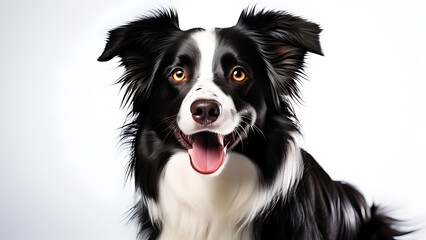 Fototapeta premium Playful Border Collie Mix with a glossy black and white coat, bright expressive eyes, and a wagging tail, showcasing its energetic personality against a seamless white background.