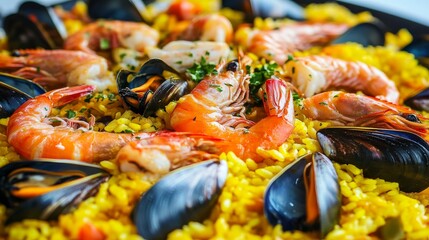Image of seafood paella with shrimp, mussels, and saffron on a large platter, emphasizing vibrant and rich flavors. Ideal for festive meals and Spanish cuisine.