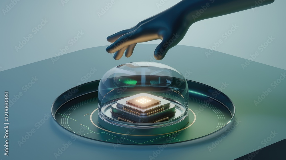 Poster a futuristic hand gently protects a glowing microchip under a glass dome, symbolizing technological 