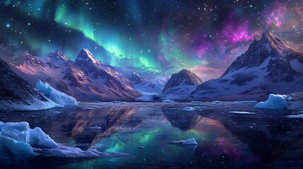 Naklejka premium Greenland under a starry night sky, illuminated by vibrant green and purple auroras reflecting off icy waters and snowfields, 16:9