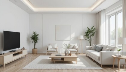 Fototapeta premium Minimalist modern living room interior background, Scandinavian style, 3D render