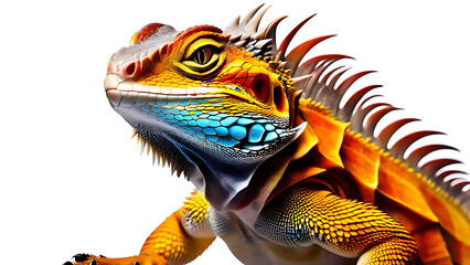 Vibrant Bearded Dragon with Distinctive Spiky Crest and Richly Colored Scales Posed Gracefully Against a Seamless White Background, Showcasing Its Unique Features and Lively Expression.