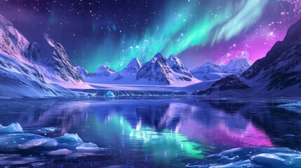 Greenland under a starry night sky, illuminated by vibrant green and purple auroras reflecting off icy waters and snowfields, 16:9
