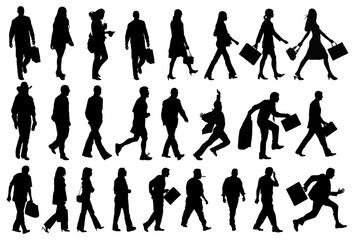 Urban Silhouette: A compilation of city dwellers in monochrome silhouette, going about their day with bags, cell phones and business attire, all on a simple backdrop.