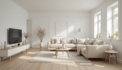Scandinavian-inspired living room interior design with light oak flooring, white walls, a beige sofa, and minimalist decor, creating a cozy and serene environment.