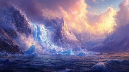 Fototapeta premium glacier calving into the sea, with icy fragments glistening under the soft glow of the Arctic sun and mist rising from the water, 16:9