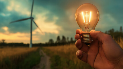 In a vibrant landscape, a hand holds a radiant lightbulb against the backdrop of a wind turbine, symbolizing hope and innovation in the quest for ecological energy solutions