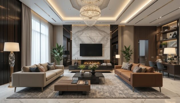 photo of a modern living room with designer interior and furniture, luxury interior architecture design idea