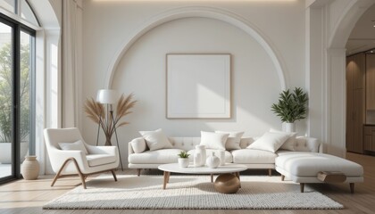 Interior design of modern living room with accent white armchair and frame on wall,White sofa and accent coffee table against arch wall,japandi interior design of modern living room,