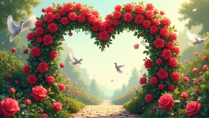 Two white doves flying through a heart-shaped arch of vibrant red roses, surrounded by flowers and greenery on a sunny path in a serene garden. Generative, AI,