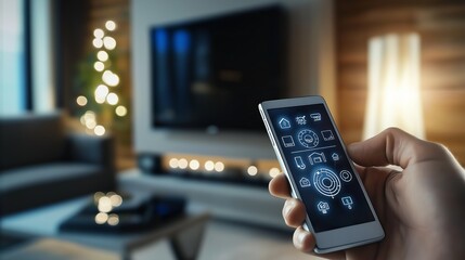Augmented reality interface displaying smart home controls on a smartphone, symbolizing futuristic home automation and digital innovation, Generative AI