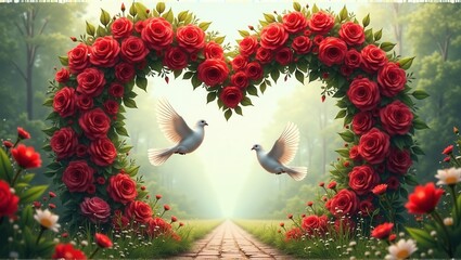 Two white doves flying through a heart-shaped arch of vibrant red roses, surrounded by flowers and greenery on a sunny path in a serene garden. Generative, AI,