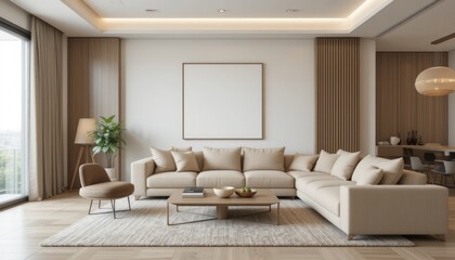 Japandi living room interior with cozy beige couch, modern minimalist design of apartment