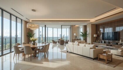 Obraz premium Warm modern miami apartment interior looking into dining room and living area.