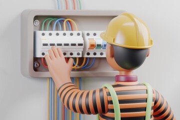 A cartoon electrician works on a circuit breaker box, carefully managing electrical wires and switches.