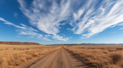 Fototapeta premium Blue Sky with Wispy White Cirrus Clouds Scattered Across, Creating a Peaceful and Open Atmosphere