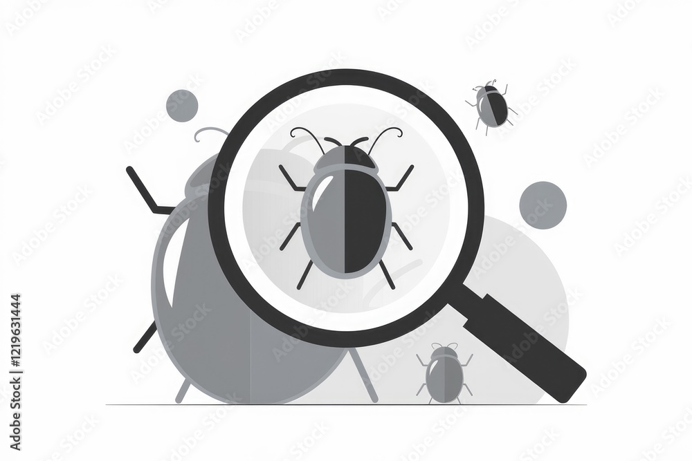Poster Magnifying glass focuses on a bug, symbolizing software debugging and bug detection.