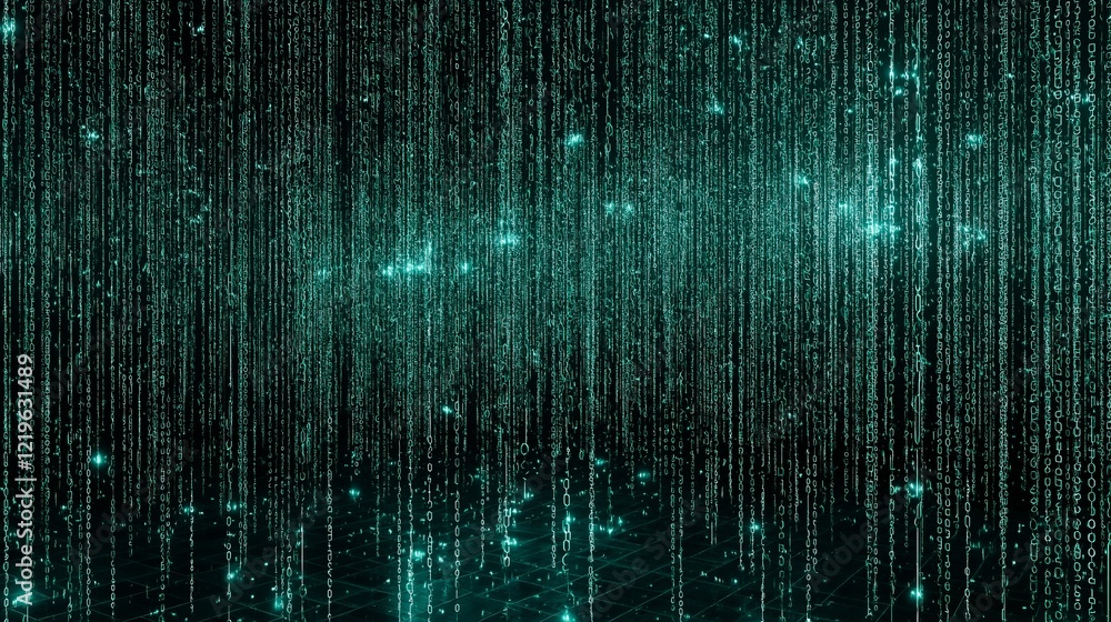 Poster matrix-style code, symbolizing cybersecurity, encryption, hacking, and advanced computing systems, Generative AI