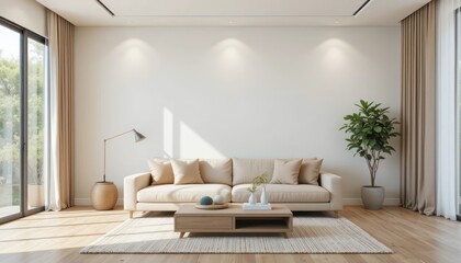 Fototapeta premium Modern living room with vacant white wall and beige couch