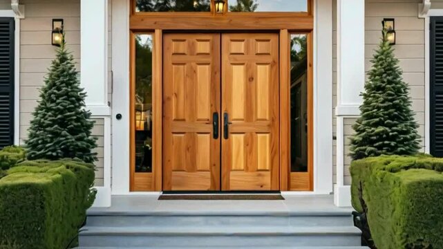 Grand wooden double doors with intricate carvings, offering an elegant and welcoming entrance to a beautiful home

