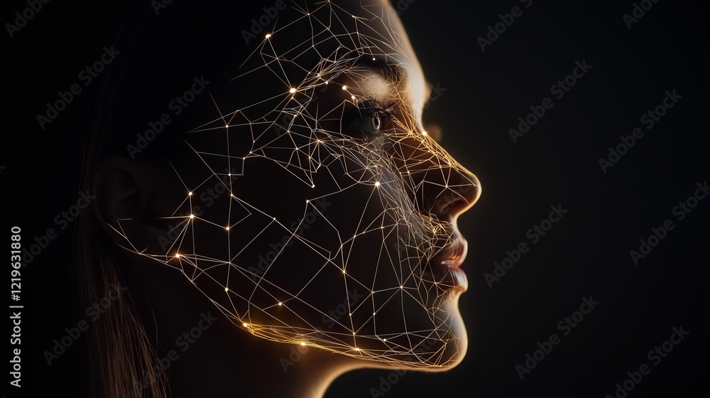 Poster futuristic digital portrait of a woman’s face with glowing network lines, representing artificial in
