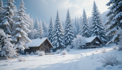 A winter wonderland scene with snow-covered trees and cabin