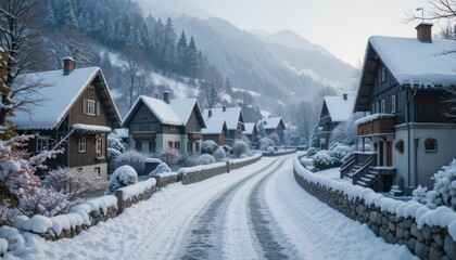 Fototapeta premium Winter in an european village with houses covered in snow.