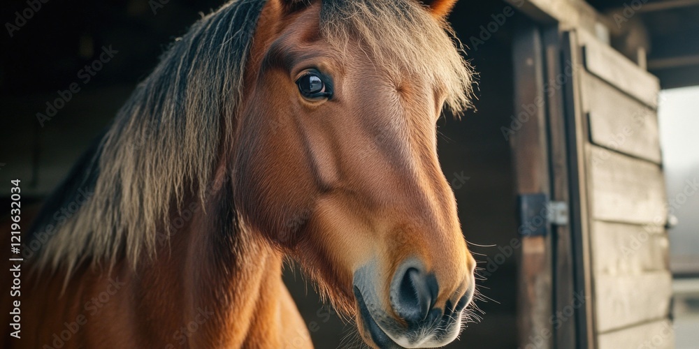 Poster a close-up shot of a horse's face with a rustic barn in the background