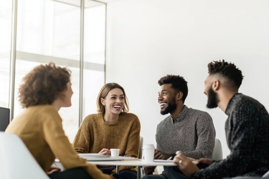 Young people laugh during meeting in modern office. Diverse group of coworkers discuss ideas in casual atmosphere. Friendly environment at startup. Enthusiastic people brainstorming. Creative